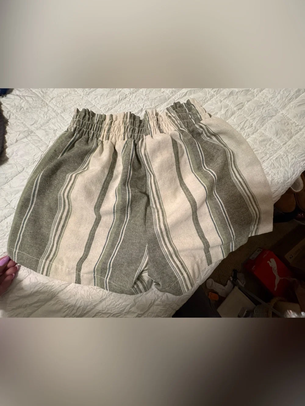 High-Waist Striped Women’s Shorts in Olive and Cream